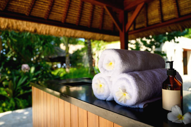 Towels in the outdoor spa stock photo