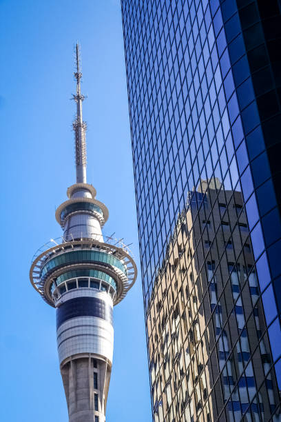 TV tower and commercial building in Auckland stock photo