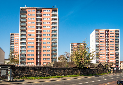 A group of tower blocks in Maryhill, Glasgow during spring.