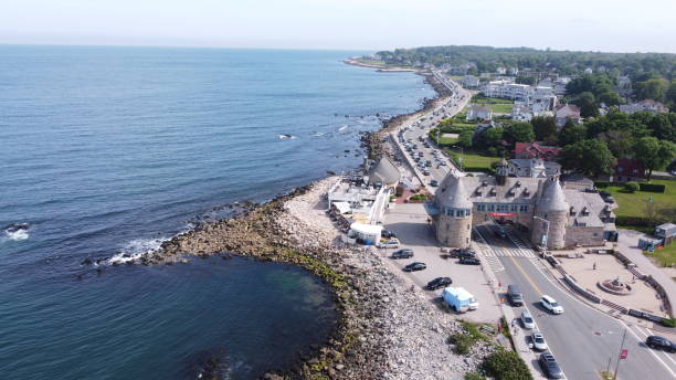 Tower bridge in Narragansett Rhode Island drone view Drone aerial of road leading through the tower bridge in Narragansett Rhode Island rhode island stock pictures, royalty-free photos & images