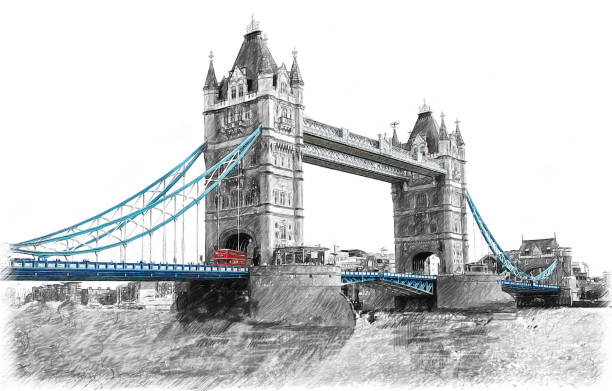 Tower Bridge on River Thames in London, England.  Illustration in draw, sketch style. stock photo