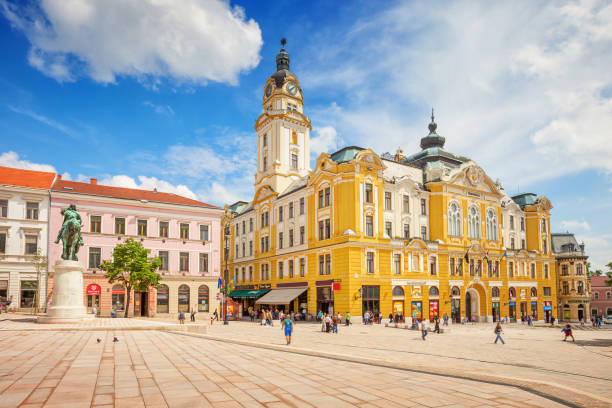 Town Hall and downtown Pecs Hungary stock photo