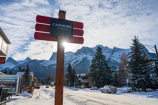 Canmore, Alberta, Canada - January 19 2022 : Town of Canmore street view in winter.