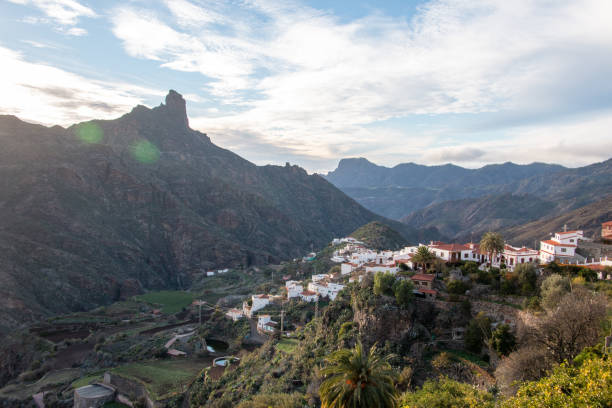 Town of Tejeda and Roque Bentayga in the center of Gran Canaria Island stock photo