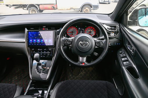 Novyy Urengoy, Russia - July 2, 2022: Interior of the luxury crossover Toyota Harrier.
