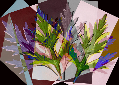 A tracery of colorful leaves is set against a multicolored background. Abstract fantasy. 3D render.
