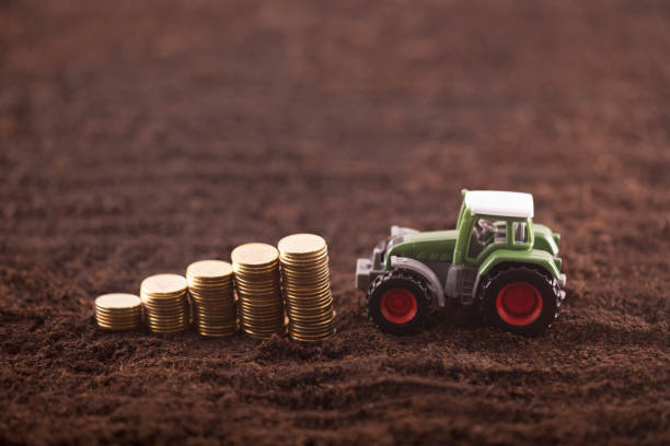 Tractor miniature with coins on fertile soil land stock photo
