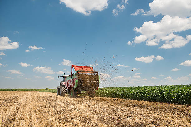 A tractor spreading manure on a field stock photo