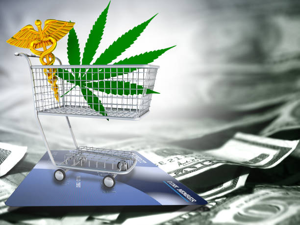 Trade Marijuana leaf and caduceus in a cart. US dollars and credit card. buy cannabis stock pictures, royalty-free photos & images