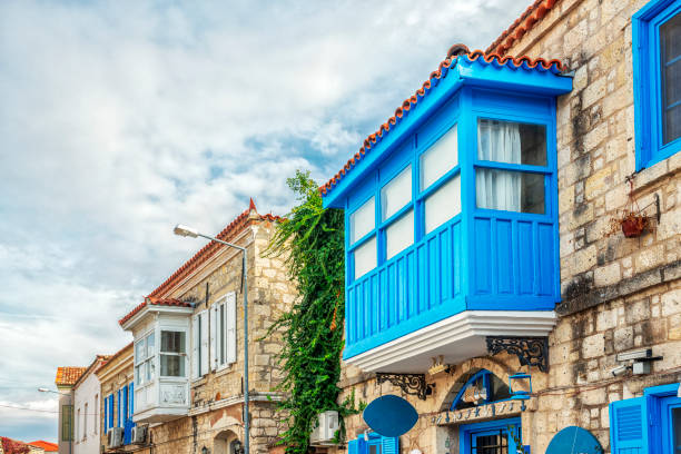 Traditional balconies in Alacati, Izmir stock photo