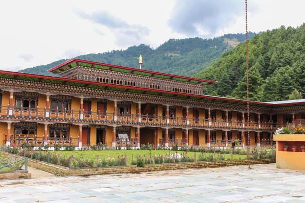 Traditional Bhutanese temple architecture in Bumthang Bhutan, South Asia. stock photo