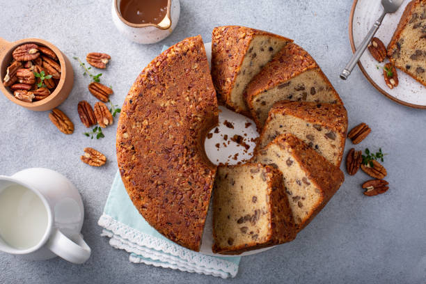 Traditional brown sugar pecan cake, bundt pan stock photo