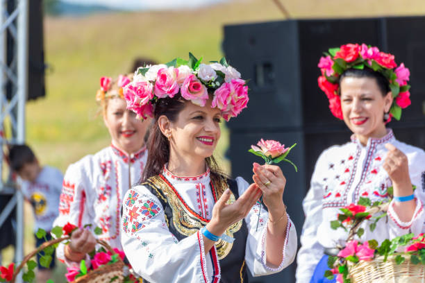 Traditional bulgarian folklore festival with dances and handcrafts demonstration stock photo