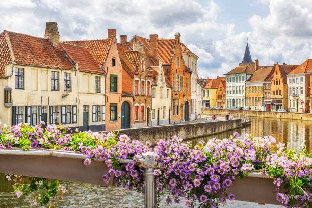 traditional canal houses of bruges, belgium - belgium imagens e fotografias de stock