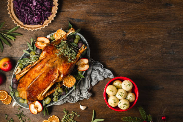 Traditional Christmas meal Directly above view of a delicious Christmas meal with roasted meat, red cabbage and dumplings on dinner table. goose meat photos stock pictures, royalty-free photos & images