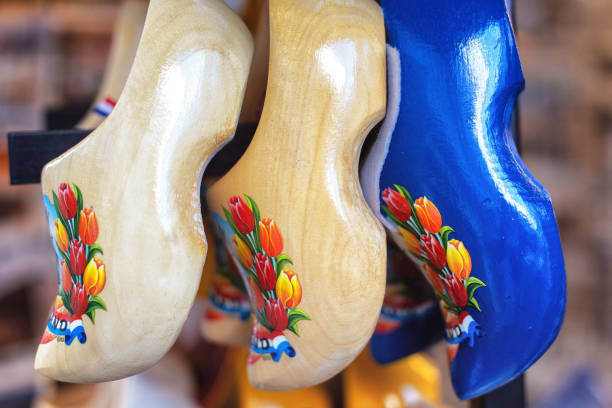 Traditional Dutch clogs with tulip flowers stock photo
