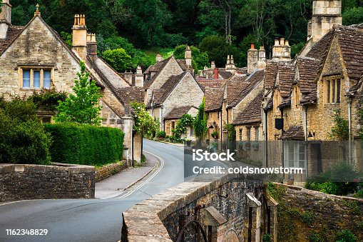 istock Traditional Idyllic English Countryside village with Cosy Cottages and narrow road 1162348829