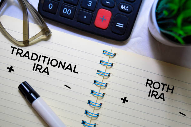 Traditional IRA and Roth IRA text on a book isolated on office desk. stock photo