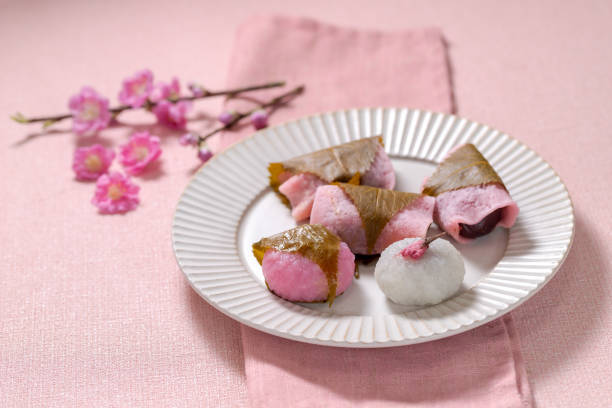 Traditional Japanese sweets, Sakura mochi stock photo