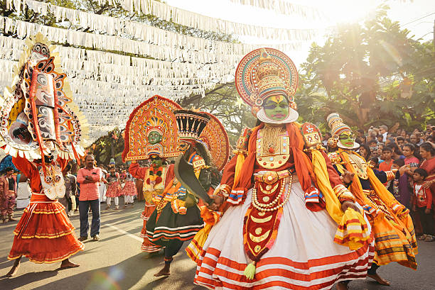 Traditional Kathakali dance on New Year carnival Kochi, India - January 1, 2016:  Traditional Kathakali dance on New Year carnival in Fort Kochi (Cochin), Kerala, India. Kochi, formerly known as Cochin, is a city and port in the Indian state of Kerala. One of the famous events here is Cochin New Year Carnival, since 1984 at Fort Kochi. It is celebrated at Fort Kochi every year during the last ten days of December. There are massive procession of caparisoned elephants, games and partying. kerala stock pictures, royalty-free photos & images