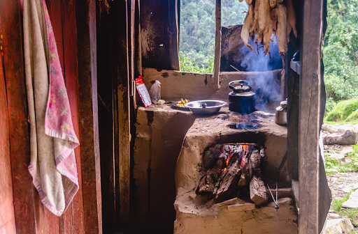Traditional Kitchen In Old Nepali House In Small Remote Village Stock