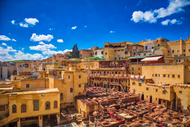 traditional leather tannery, Fez (HDRi) the largest and busiest of the four traditional  leather tanneries still operating in the medina in Fez, Morocco fez morocco stock pictures, royalty-free photos & images