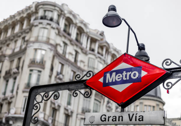Traditional metro sign for the Gran Via station in city center shopping area, selective color treatment in Madrid, Spain stock photo