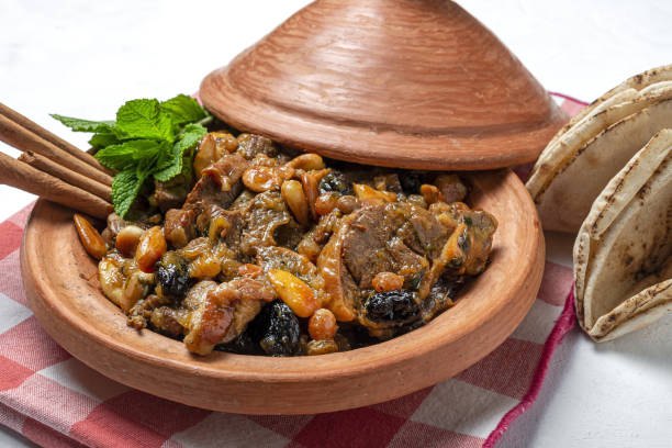 Traditional moroccan lamb meat tagine from above stock photo