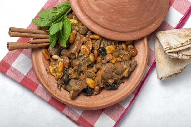 Traditional moroccan lamb meat tagine from above stock photo