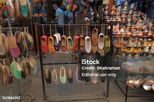 Traditional moroccan shoes in a souvenir shop