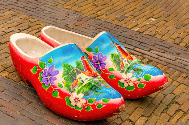 traditional multicolored clogs on a street in the historic center of the city of Breda. Netherlands. stock photo