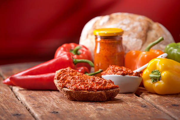 Traditional pepper relish from the Balkans stock photo