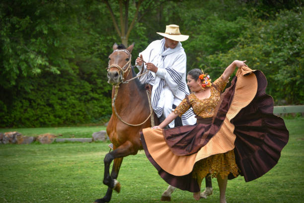 A traditional Peruvian Paso Horse and Marinera Dance demonstration at a Hacienda in the Sacred Valley, Cusco, Peru. stock photo