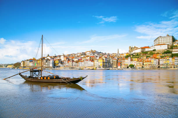 Traditional Rabelo boats on the Douro River stock photo