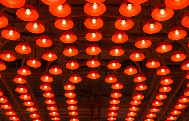 traditional red lanterns on the top at central market in hong kong stock photo