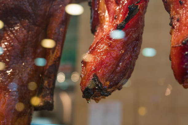 Traditional roasted meat  pork in front restaurant in Hong Kong stock photo