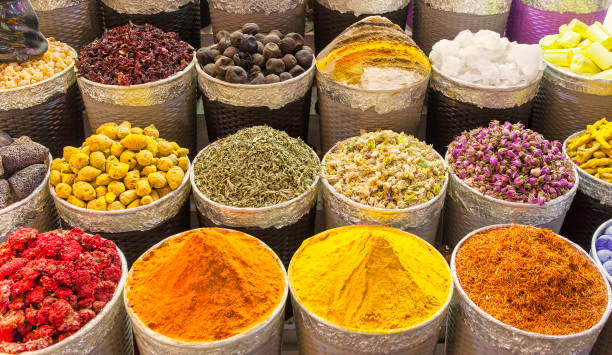 traditional spice market in United Arab Emirates, Dubai souk stock photo