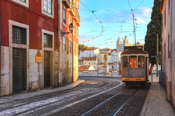 Traditional tram  in the city centre of Lisbon, Portugal. stock photo