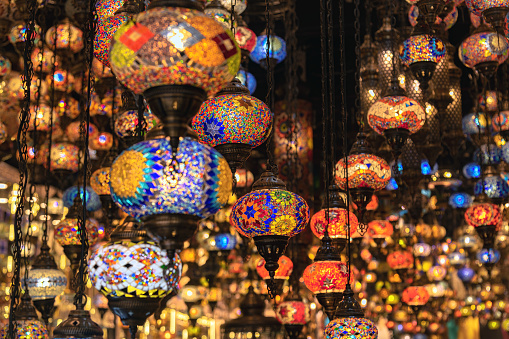 Traditional turkish chandeliers for sale at the bazaar of old Dubai, UAE