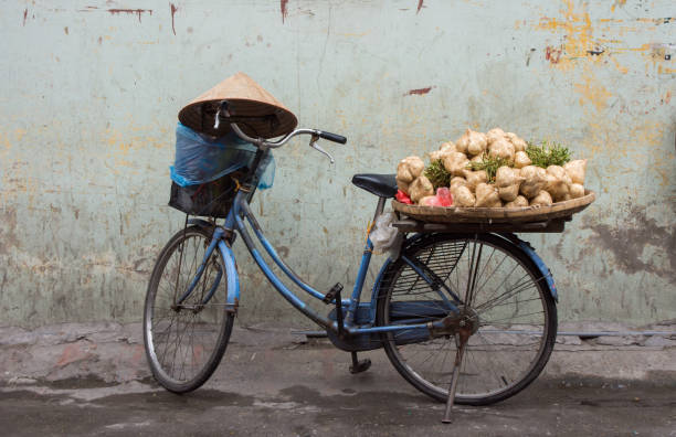 Traditional Vietnamese bicycle load with vegetables and conical hat rested on the handlebar. stock photo
