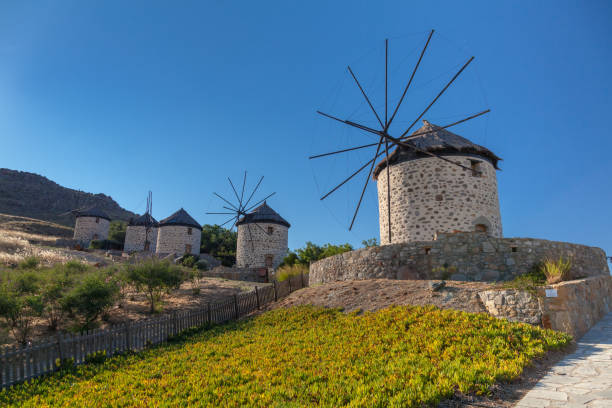 Traditional windmills at Kontias village Lemnos island - Aegean - Greece stock photo