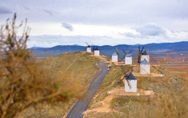 Traditional Windmills of the route of Don Quixote, Castilla La Mancha, Spain. stock photo