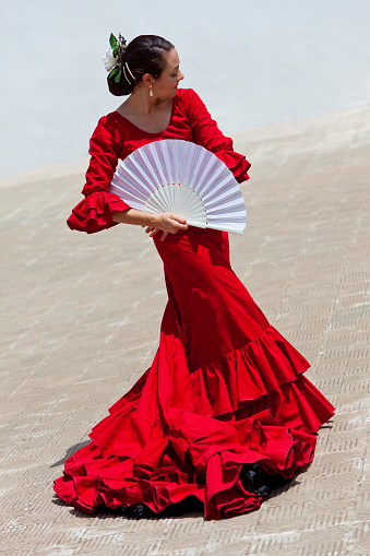 Traditional Woman Spanish Flamenco Dancer In Red Dress With Fan Stock