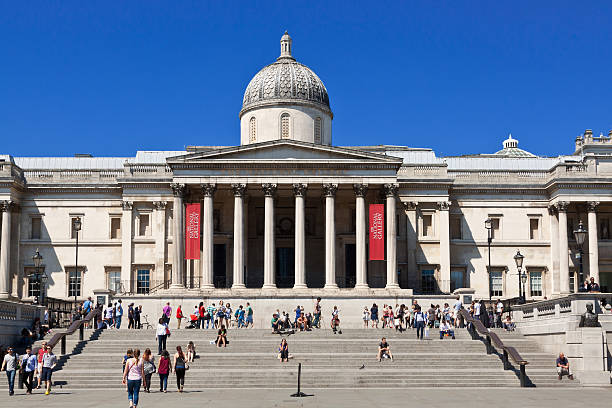Trafalgar Square, National Gallery and Vivid Blue Sky, London, UK. stock photo