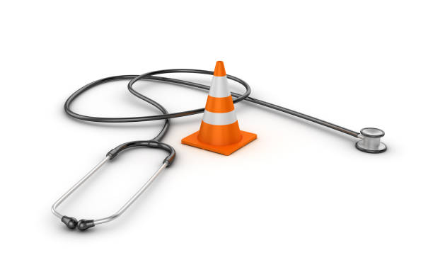 Traffic Cone with Stethoscope - 3D rendering Traffic Cone with Stethoscope - White Background - 3D rendering construction barrier stock pictures, royalty-free photos & images