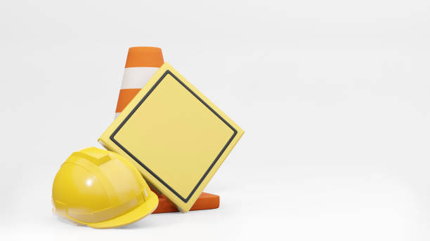 Traffic cones road cones safety helmet and road sign 3d rendering stock photo