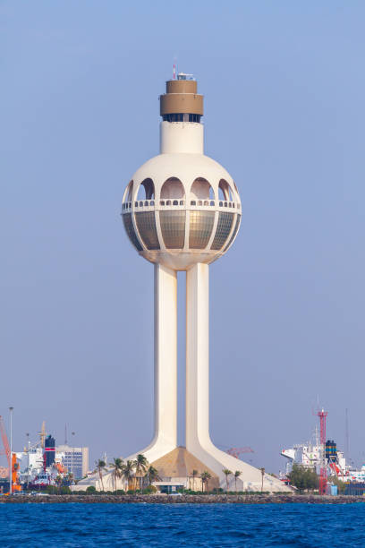 Traffic control tower, a symbol of the port of Jeddah, Saudi Arabia stock photo