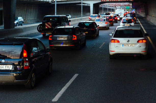 Traffic jam in tunnel on outskirts of Barcelona, Spain stock photo