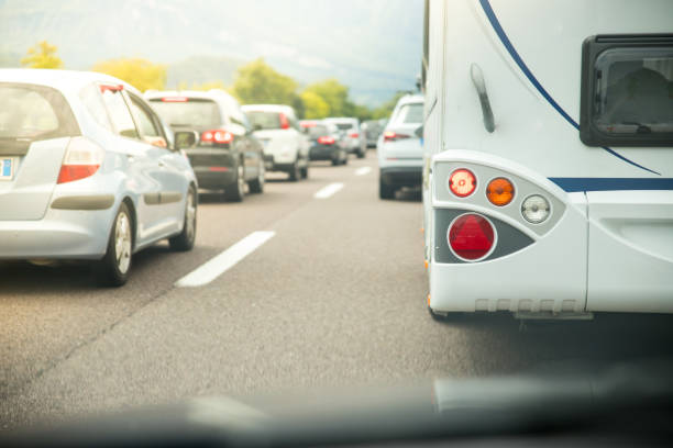 Traffic jam on the highway, on the way to summer holidays stock photo