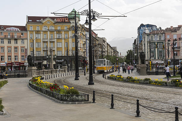 Traffic on the lions bridge in the center of Sofia. stock photo